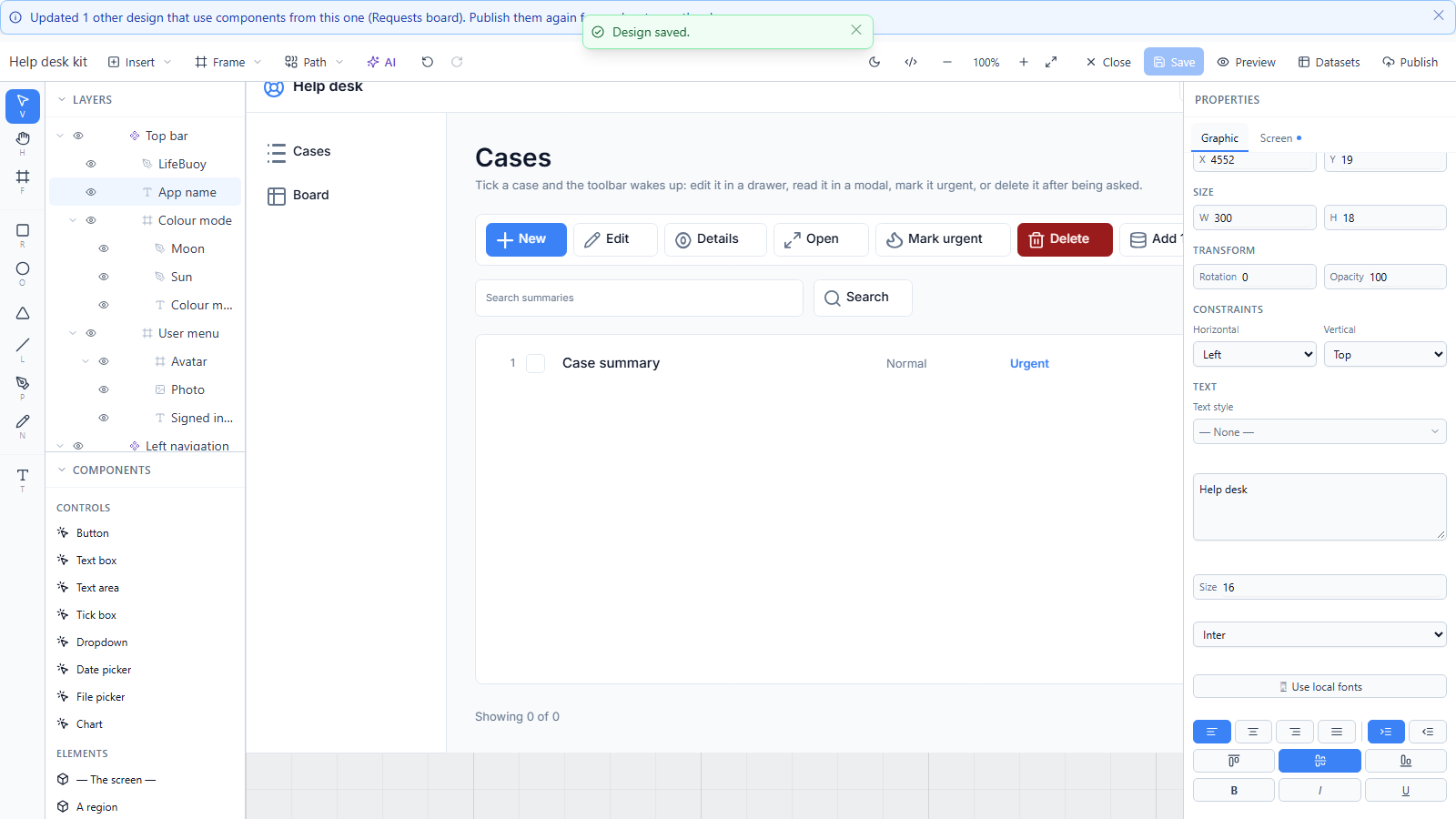 Help desk kit open in the designer with the App name text selected and Help desk in its text box. A message across the top says it updated 1 other design that uses components from this one, Requests board, and to publish them again for readers to see the change. A Design saved toast is beside it