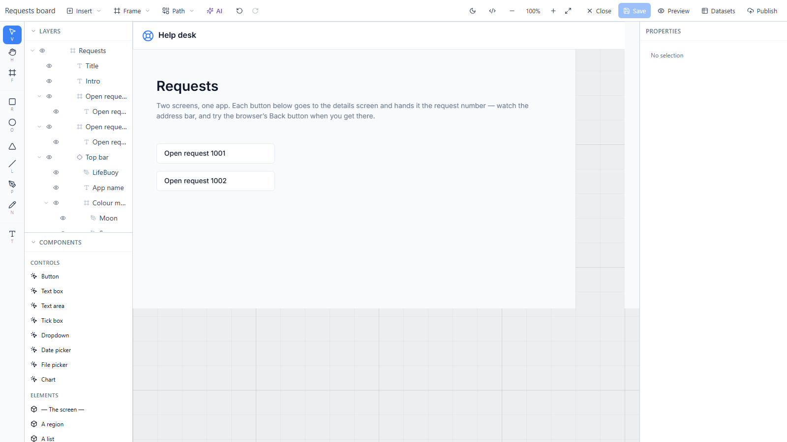 Requests board open in the designer, its top bar now reading Help desk, with the Top bar layer in the layers list