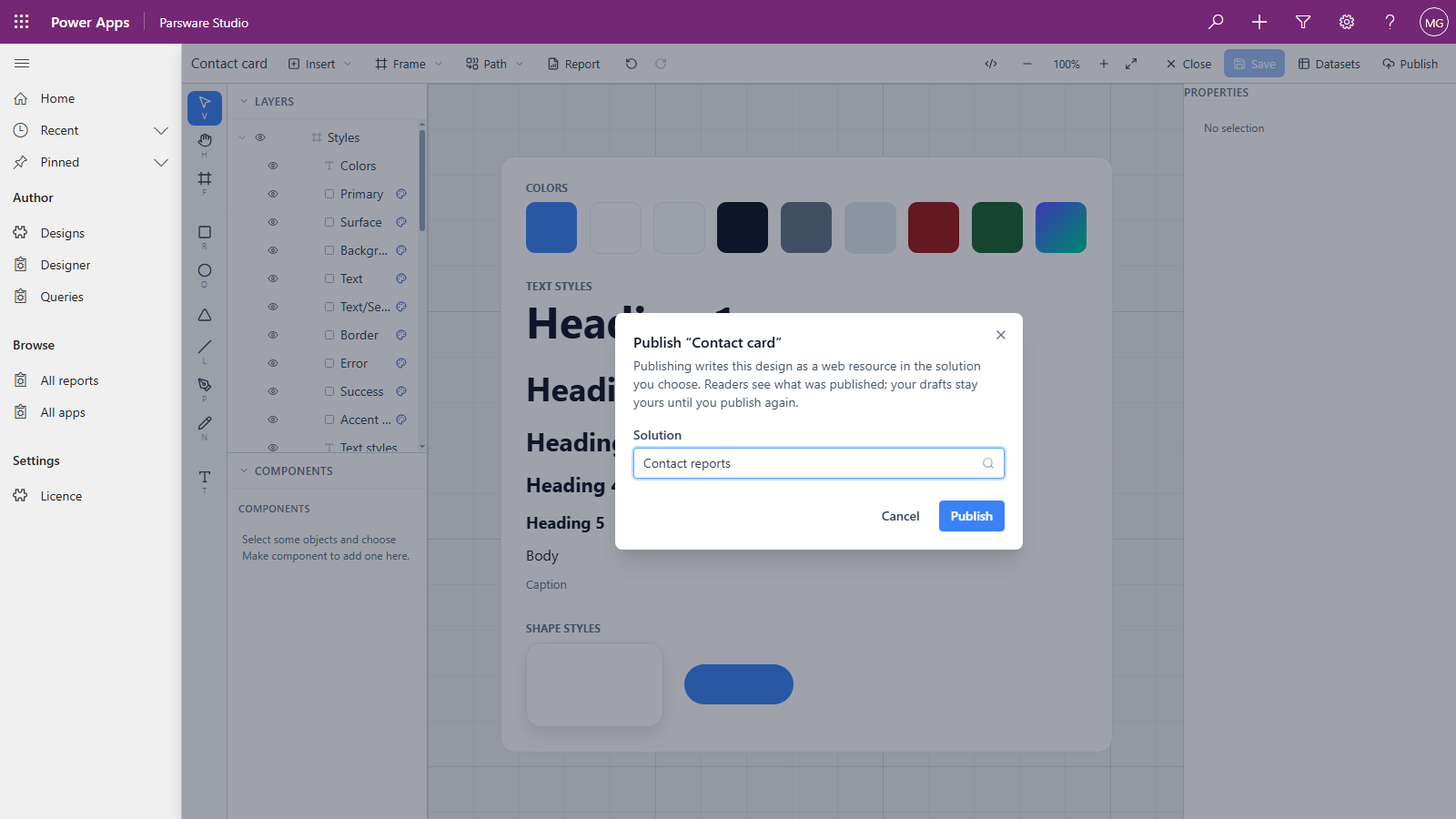 The Publish Contact card dialog in the Parsware designer, with Solution set to Contact reports and the Publish button