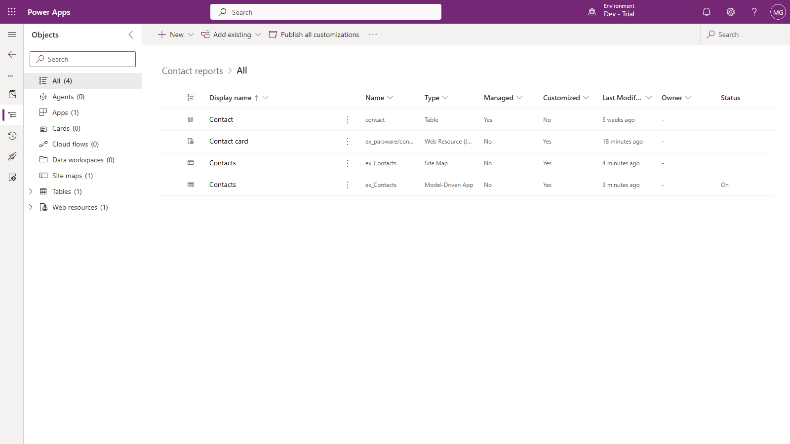 The Contact reports solution in the maker portal: the Contact table, the Contact card web resource ex_parsware/contact-card.json, and the Contacts site map and model-driven app