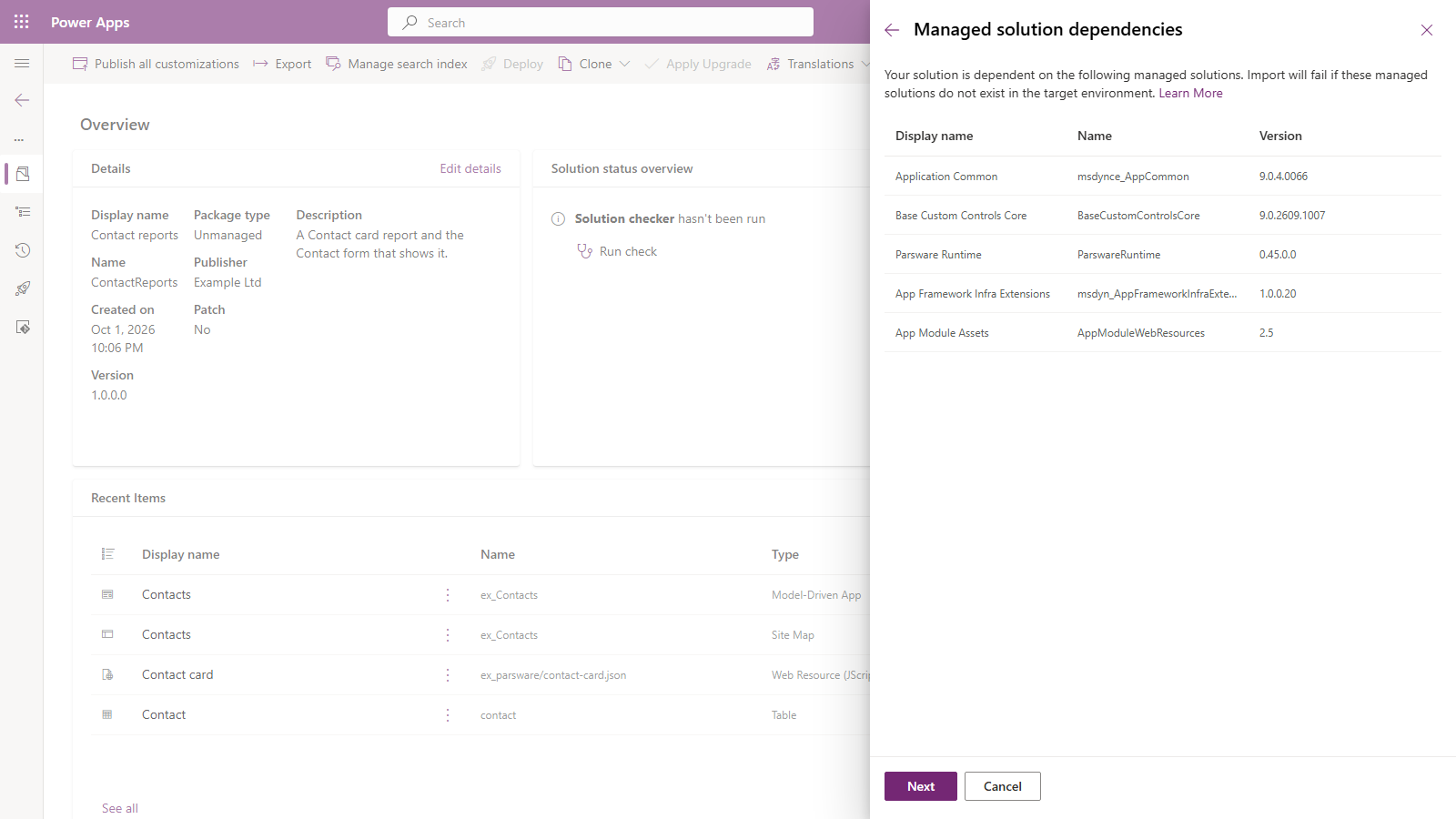 The Managed solution dependencies panel: Application Common, Base Custom Controls Core, Parsware Runtime 0.45.0.0, App Framework Infra Extensions and App Module Assets
