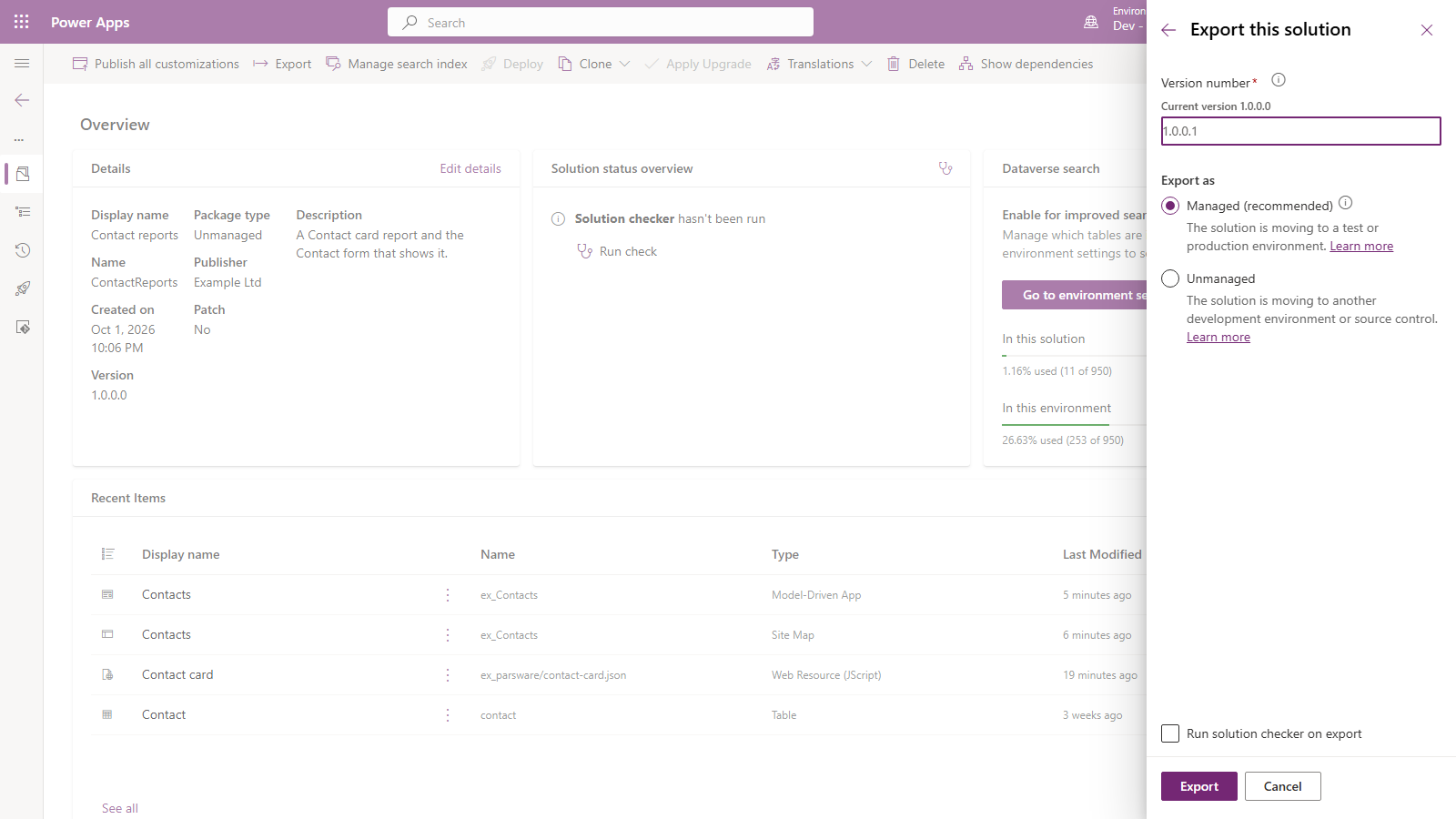 The Export this solution panel, version 1.0.0.1, with Managed (recommended) selected