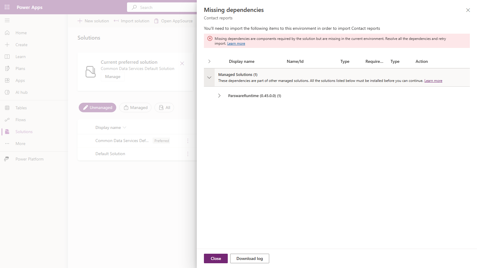 The Missing dependencies panel for Contact reports in the second environment: under Managed Solutions (1), ParswareRuntime (0.45.0.0)