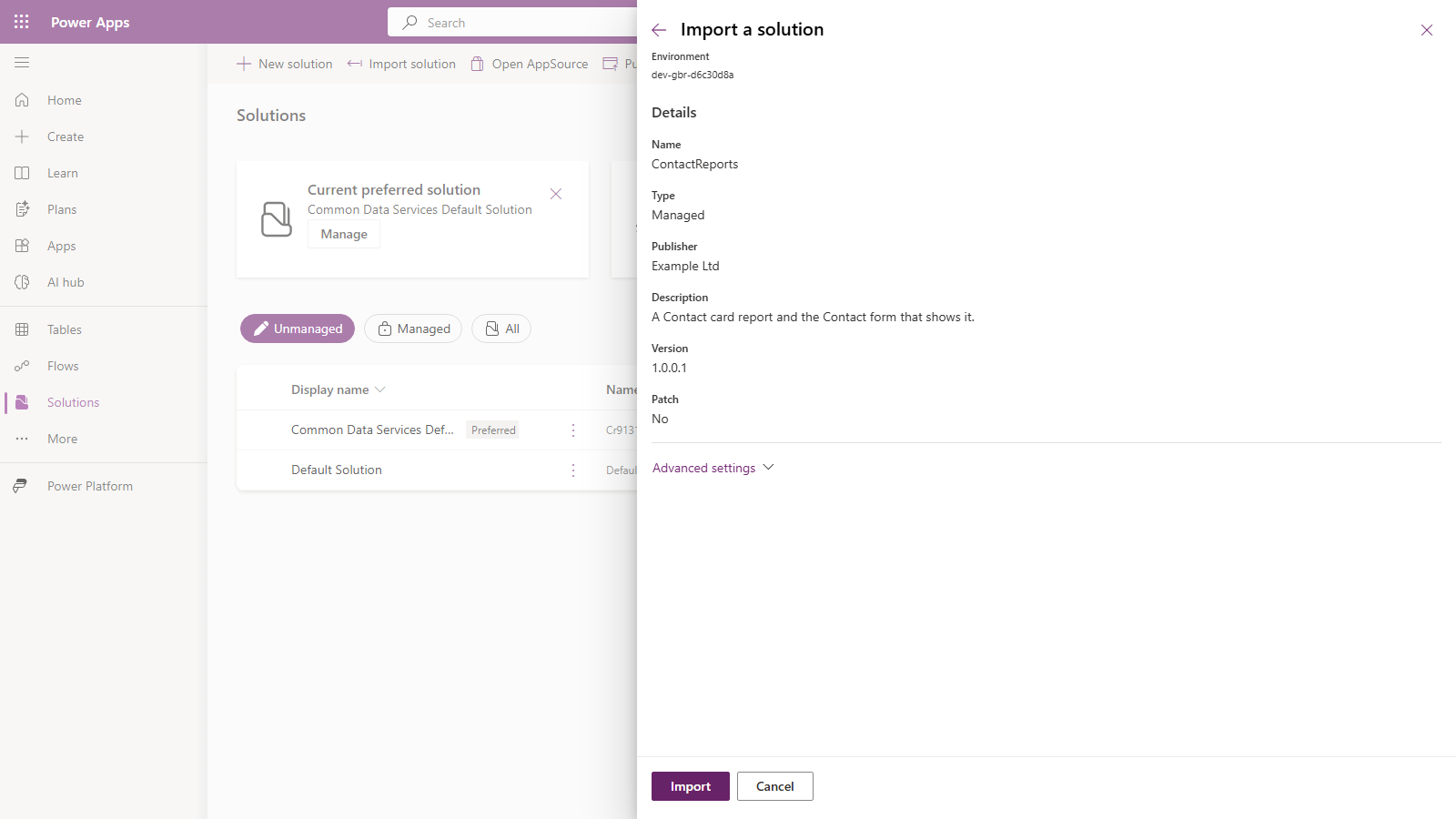 The Import a solution panel in the second environment, for ContactReports, Managed, publisher Example Ltd, version 1.0.0.1, with an Import button