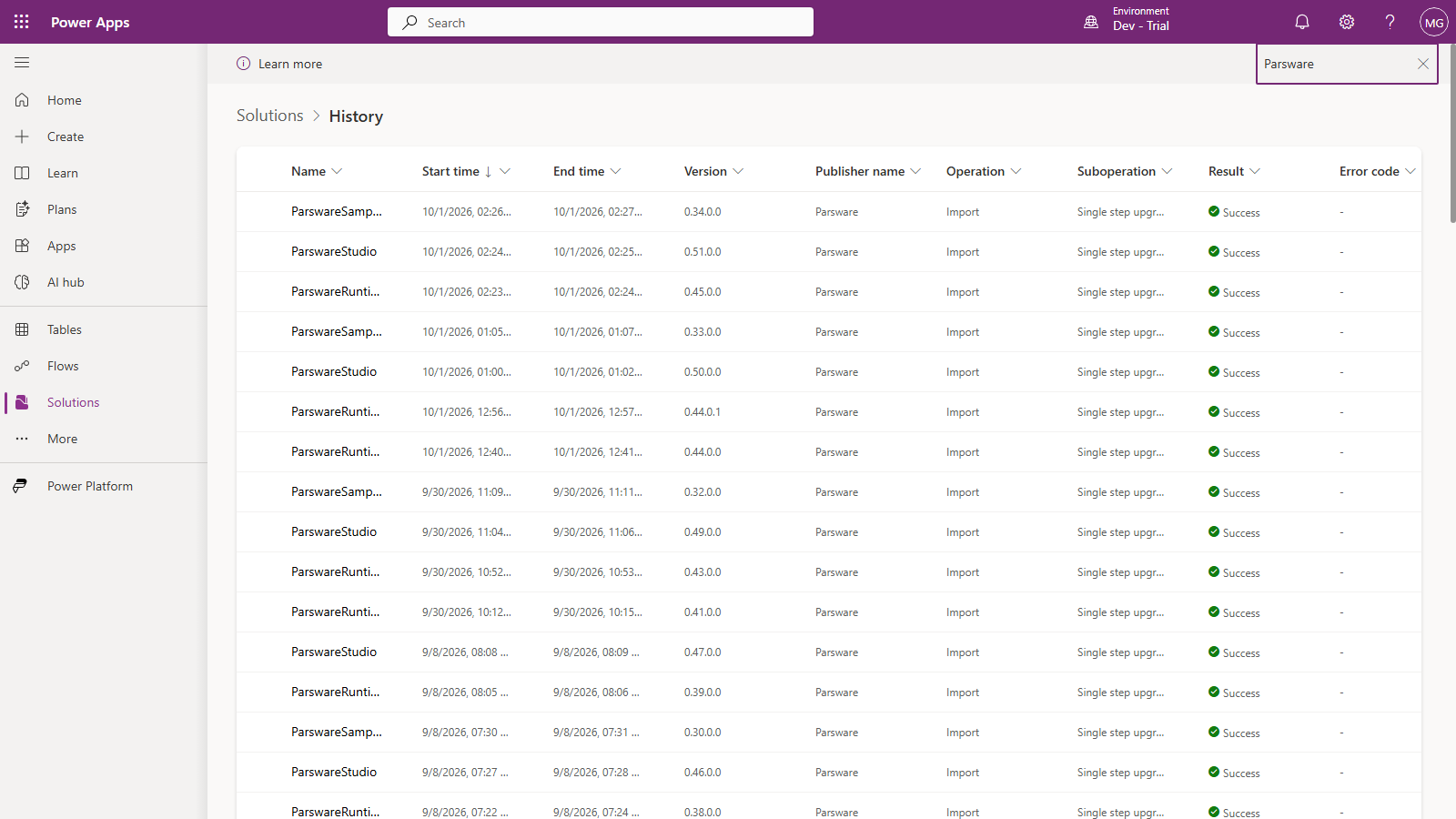 The Solutions History page filtered to Parsware: ParswareSamples 0.34.0.0, ParswareStudio 0.51.0.0 and ParswareRuntime 0.45.0.0, then 0.33, 0.50, 0.44.0.1 and earlier versions, each an Import with the suboperation Single step upgrade and the result Success