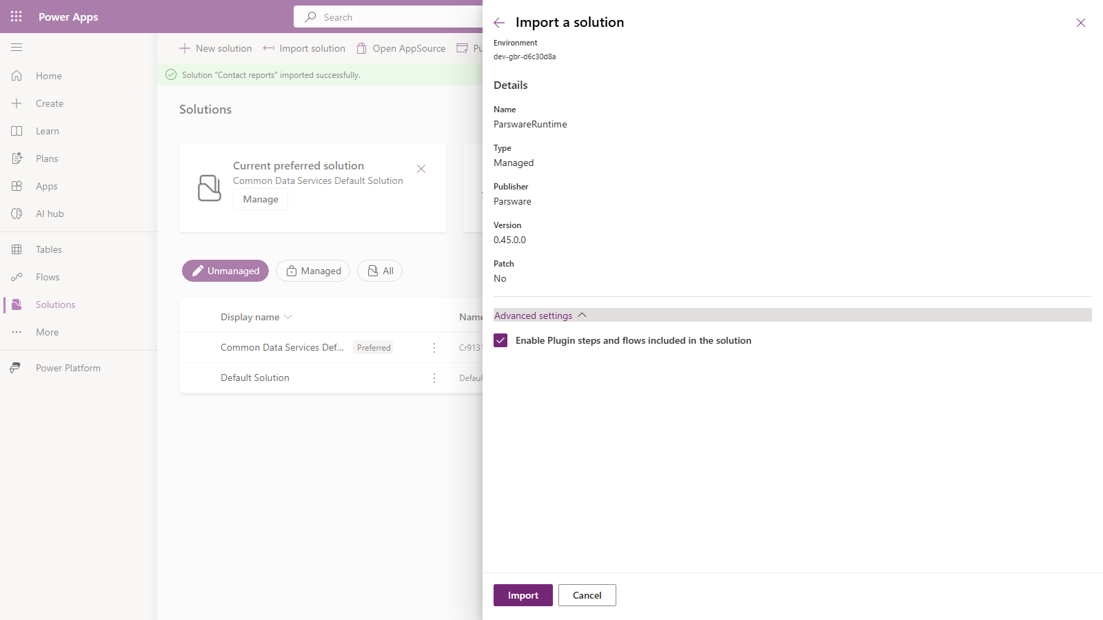 The Import a solution panel for ParswareRuntime, Managed, publisher Parsware, with Advanced settings open and Enable Plugin steps and flows included in the solution ticked