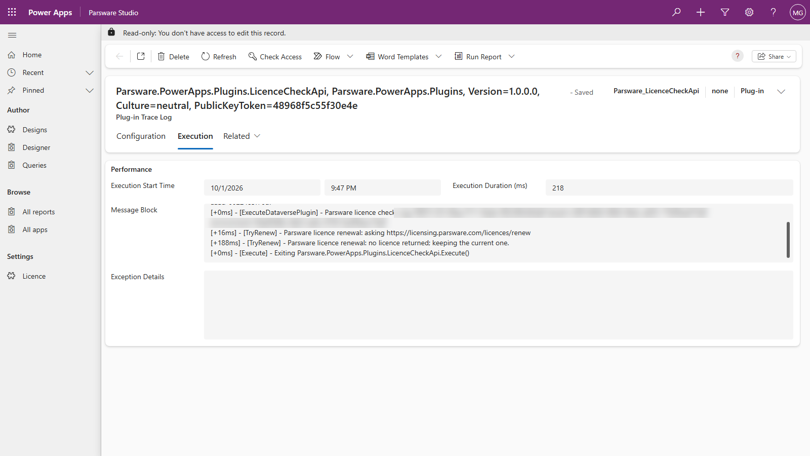 A Plug-in Trace Log record for Parsware.PowerApps.Plugins.LicenceCheckApi, 218 ms, with the message block: Parsware licence check (ids blurred), then Parsware licence renewal: asking https://licensing.parsware.com/licences/renew, then 188 ms later Parsware licence renewal: no licence returned; keeping the current one