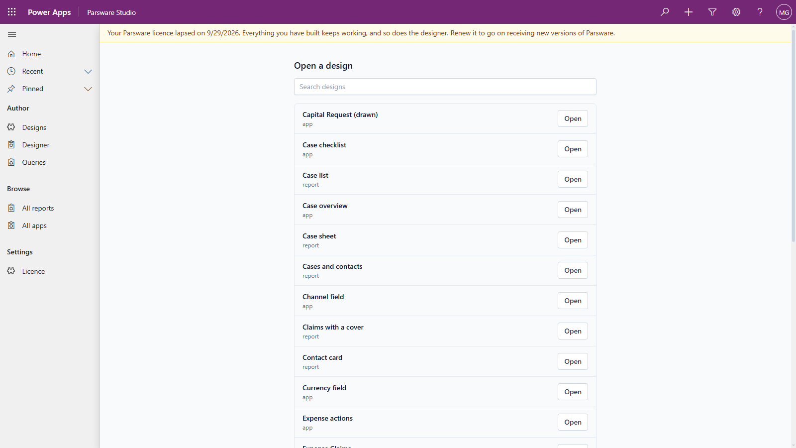 Parsware Studio's designer page with a yellow notice: Your Parsware licence lapsed on 9/29/2026. Everything you have built keeps working, and so does the designer. Renew it to go on receiving new versions of Parsware. Below it, the Open a design list