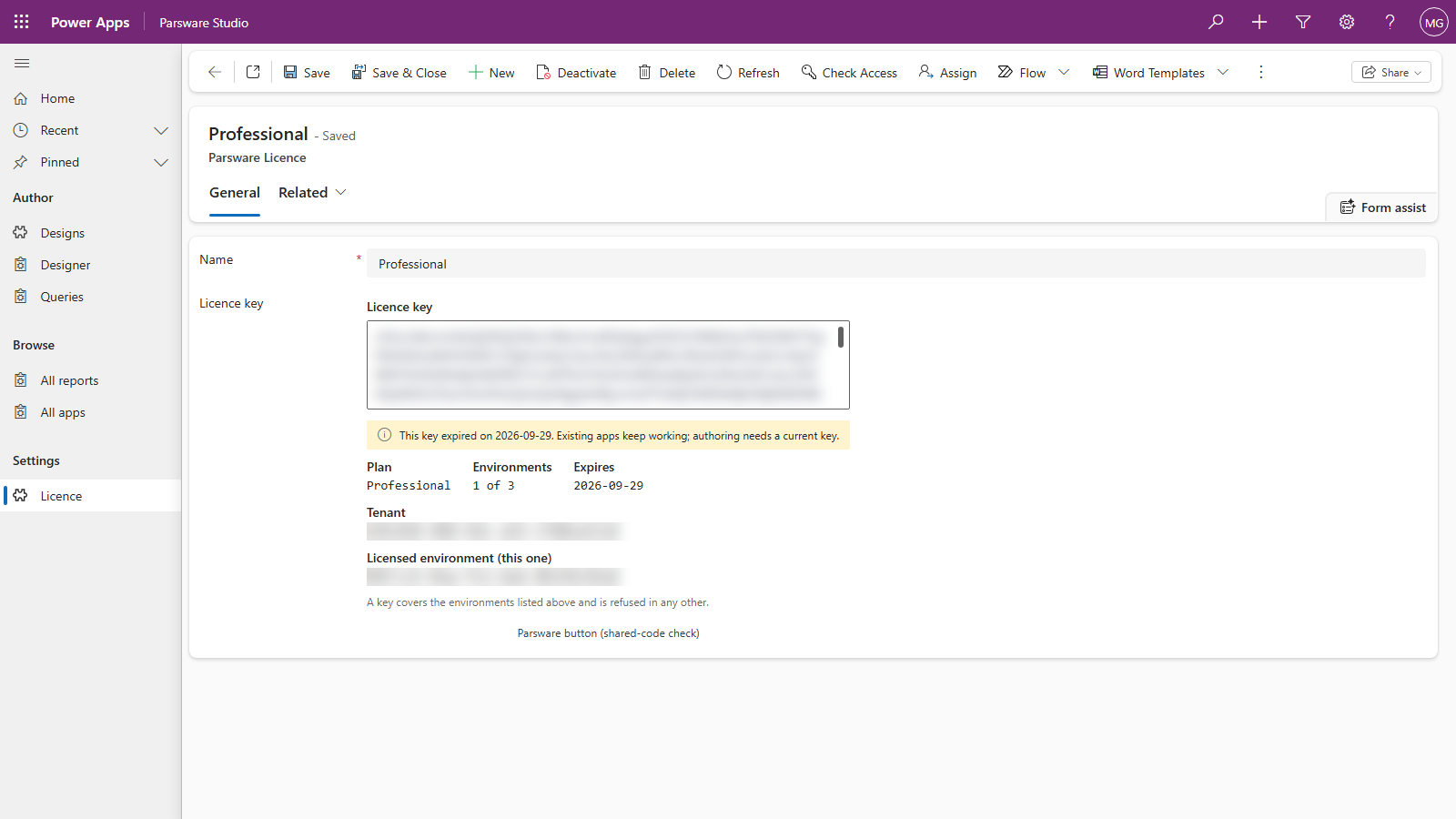The Parsware Licence form in Parsware Studio with the key blurred. A yellow panel reads: This key expired on 2026-09-29. Existing apps keep working; authoring needs a current key. Below it, Plan Professional, Environments 1 of 3, Expires 2026-09-29