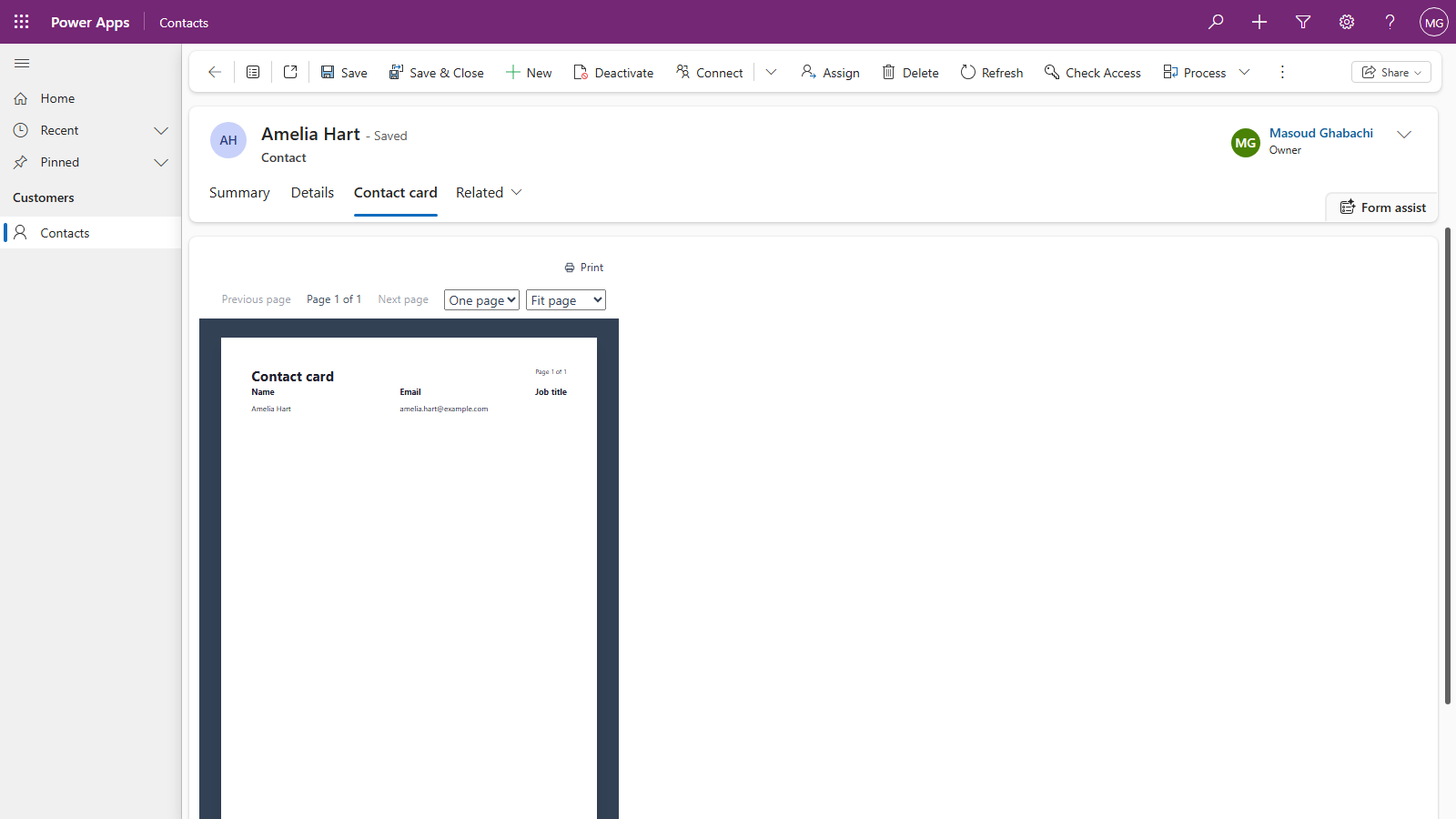 A contact, Amelia Hart, with the Contact card tab open and the Parsware report showing her name and email, with no notice of any kind