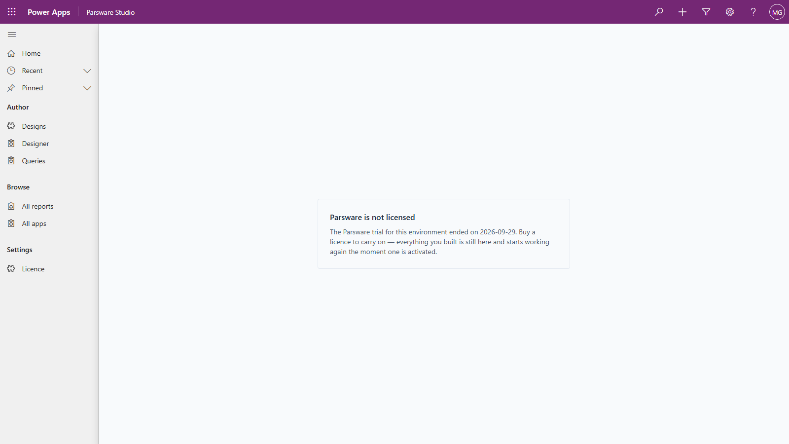 Parsware Studio's designer page replaced by a box headed Parsware is not licensed: The Parsware trial for this environment ended on 2026-09-29. Buy a licence to carry on, and everything you built is still here and starts working again the moment one is activated