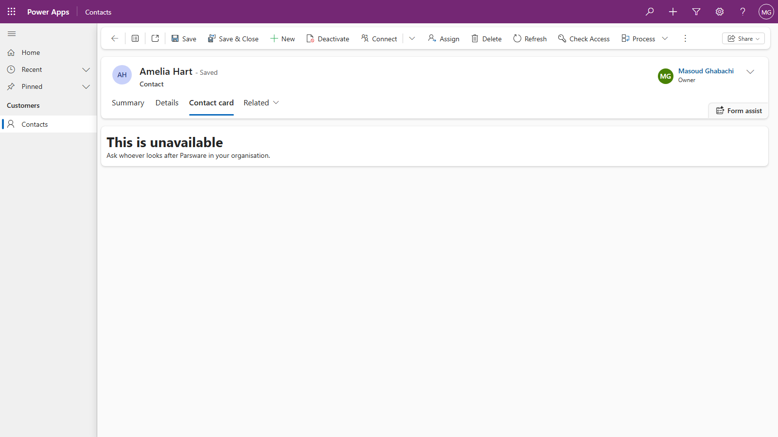 The contact Amelia Hart with the Contact card tab open, showing This is unavailable. Ask whoever looks after Parsware in your organisation