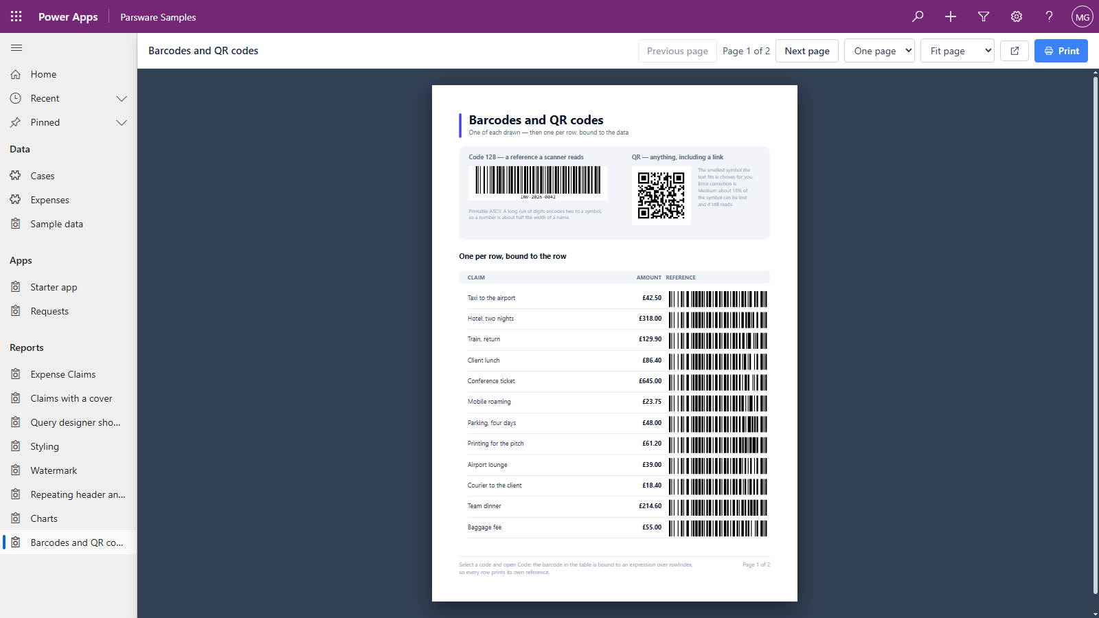 The Barcodes and QR codes sample report: a Code 128 barcode and a QR code drawn once, then a table of claims where each row prints its own barcode, bound to that row