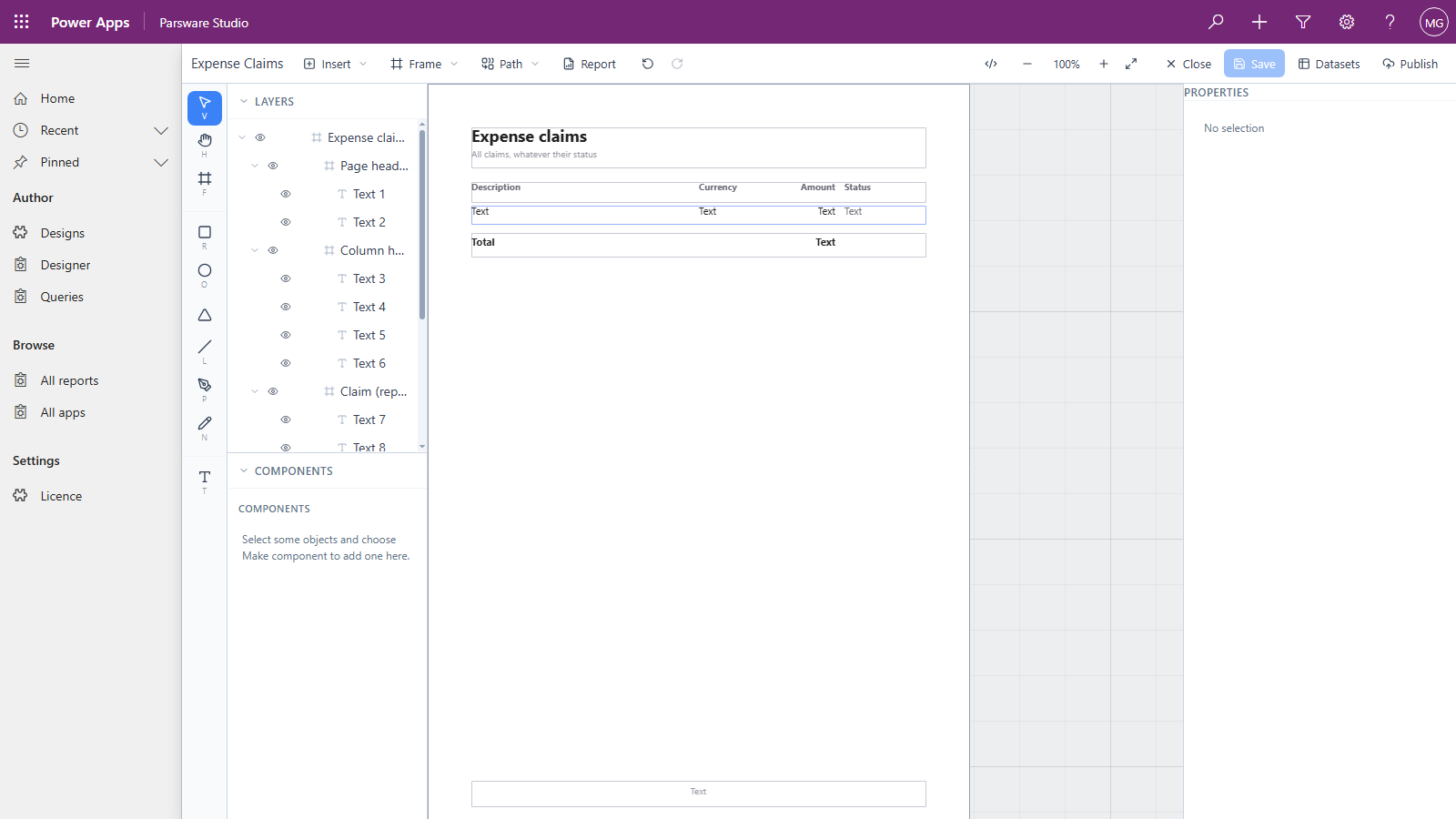 The Parsware designer with the Expense Claims report open: the layers on the left, the page with its heading, column headings, a repeating Claim band and a total row in the middle, and the toolbar with Insert, Frame, Report, Datasets and Publish