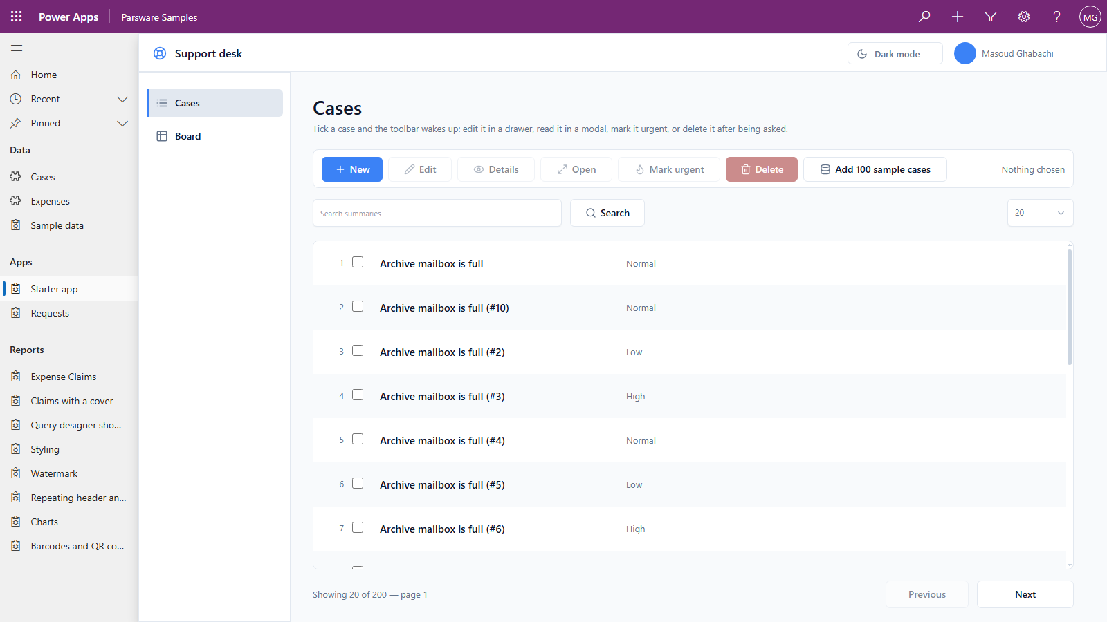 The Starter app page in the Parsware Samples app: Support desk, with Cases and Board on the left, and a Cases list with New, Edit, Details, Open, Mark urgent and Delete buttons, a search box, and cases with their priority, showing 20 of 200