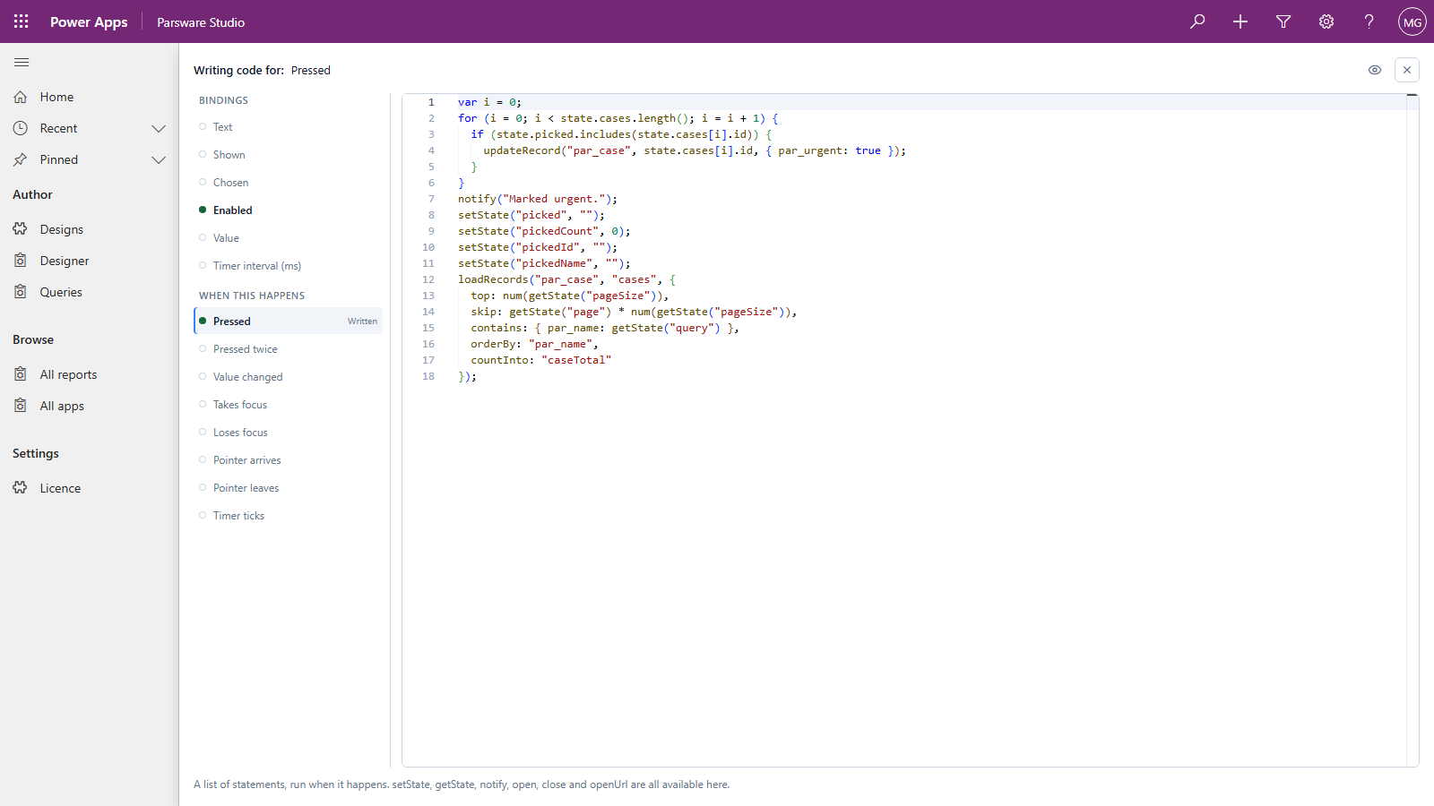 The code page for the Mark urgent button: Pressed marked Written, and a script that loops over the ticked cases calling updateRecord on par_case with par_urgent true, shows the message Marked urgent, clears the selection and reloads the list